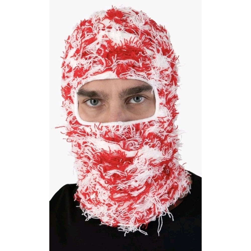NWT Ethika Ski Mask Red White Fuzzy Fringe One Size
